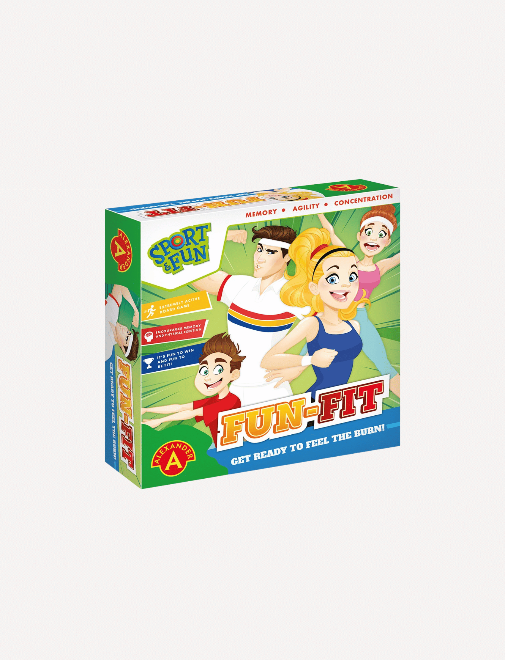 Displayed is the "Fun Fit Board Game" by Alexander Toys. The set features a game box, a vibrant game board, two dice, an hourglass, game cards, and player pieces. Adorned with cartoon illustrations of active individuals and the slogan "Get Ready to Feel the Burn!", this Fitness Puzzle merges exercise with gameplay for boundless entertainment.