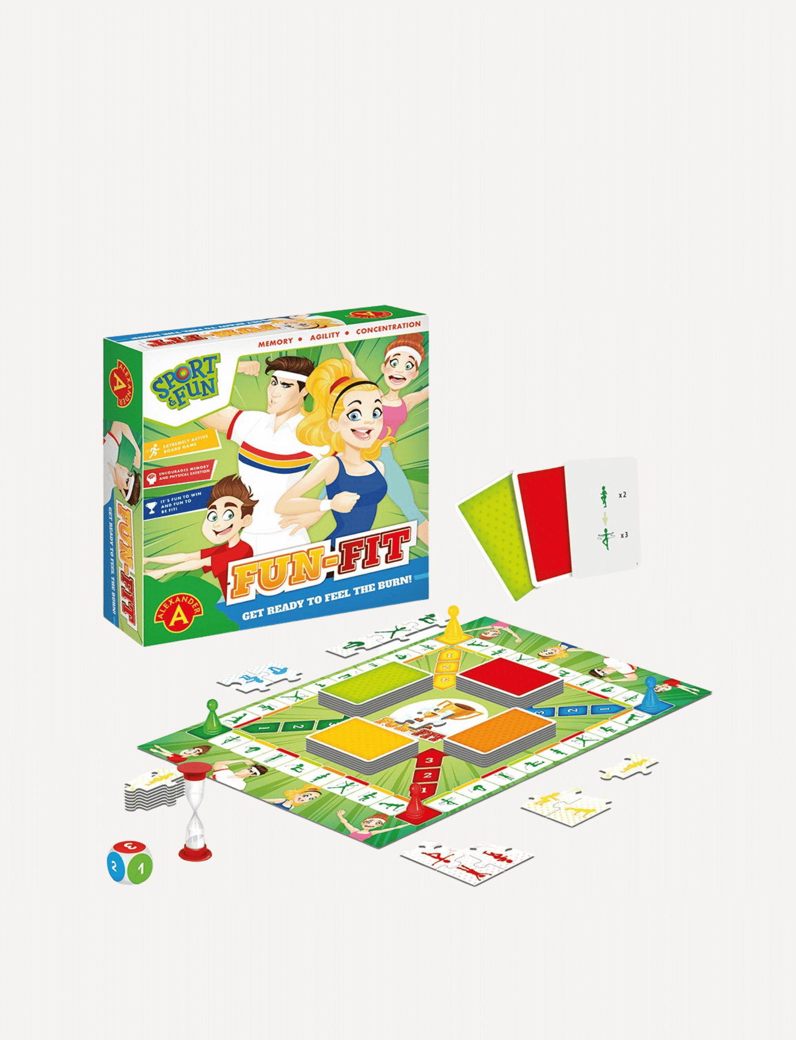 Displayed is the "Fun Fit Board Game" by Alexander Toys. The set features a game box, a vibrant game board, two dice, an hourglass, game cards, and player pieces. Adorned with cartoon illustrations of active individuals and the slogan "Get Ready to Feel the Burn!", this Fitness Puzzle merges exercise with gameplay for boundless entertainment.