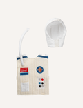 Introducing the Dress-up - Little Astronaut Set by Fabelab—an enchanting children's outfit featuring a sleeveless white vest made from organic cotton, adorned with a vibrant red and blue design and various button patterns. Labeled 