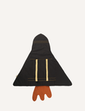 The Wings - Spaceship cape by Fabelab is a black fabric children’s cape with yellow straps on the front and a hood at the top. The bottom of the cape features orange fabric shaped like bursts or flames, giving it the appearance of a rocket launch.