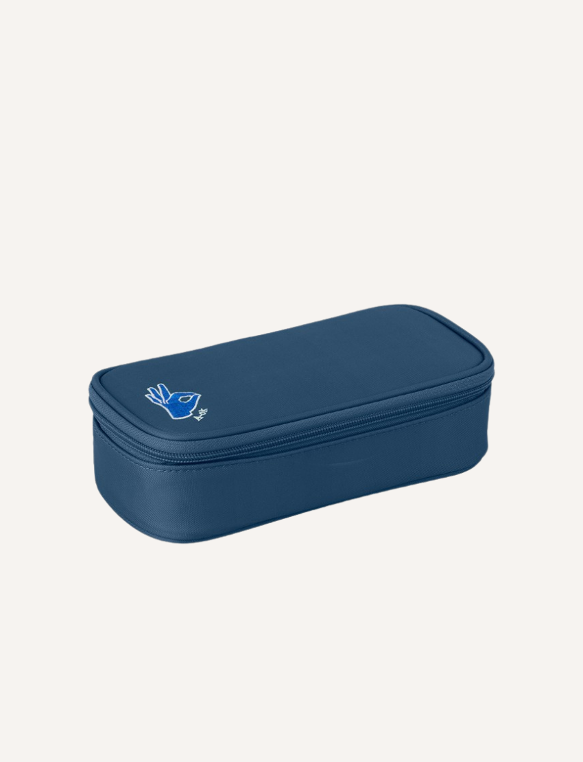 The Fabelab Eco Pencil Case is a stylish blue, rectangular zippered pouch crafted from recycled polyester, featuring a simple line drawing of a hand making a peace sign in blue and white on the upper left corner.