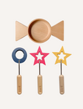 The image displays the Amechan Magical Bubble Wands by kiko+ and gg*, featuring three wooden wands and one wooden dish, ideal for eco-friendly bubble fun. The wands have star-shaped tops in red, yellow, and blue, with handles engraved 