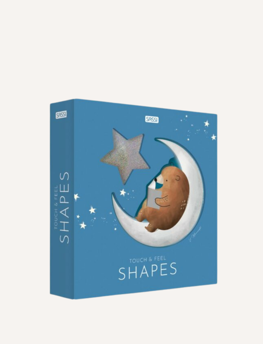Blue box for 'Touch & Feel Shapes' book featuring a bear on the moon with a star