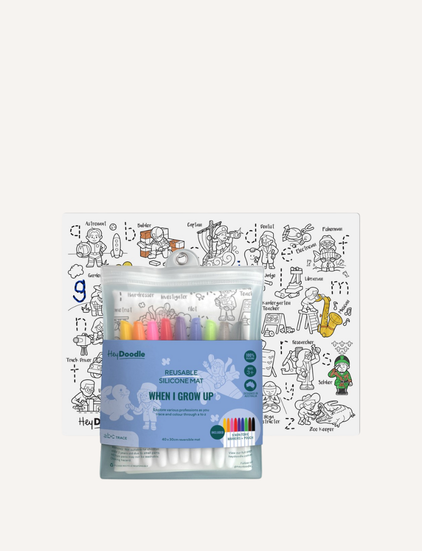 The HeyDoodle Mat - ABC - When I Grow Up by HeyDoodle features a reusable silicone coloring mat with illustrations of various professions, such as astronaut, doctor, and firefighter. It comes with a pack of colorful marker pens and serves as a versatile tool to encourage both creativity and learning.