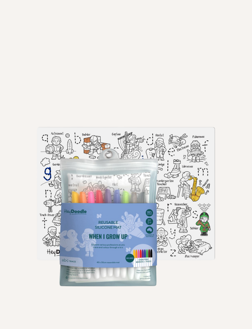 The HeyDoodle Mat by HeyDoodle is a reusable silicone mat featuring Australian wildlife outlines like koalas. It includes colorful pens for fun learning and doodling, all in a clear pouch labeled "Aussie Animals" with a playful koala design.