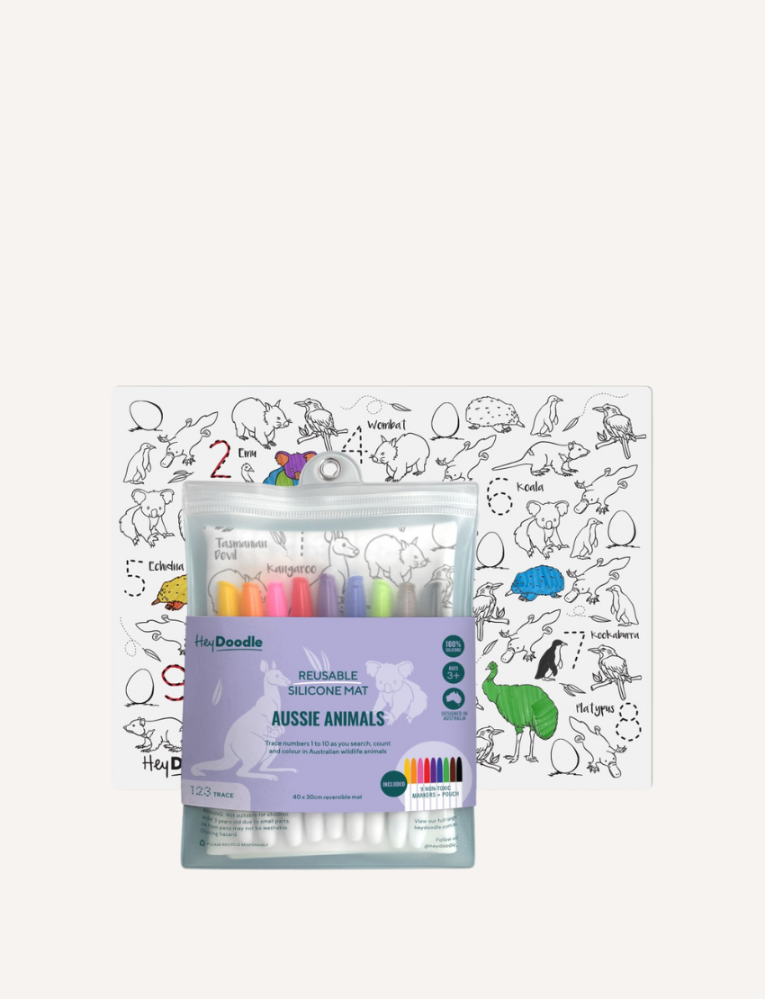 The HeyDoodle Mat - 123 - Aussie Animals by HeyDoodle is a reusable silicone mat showcasing Australian native animals designed for coloring activities. The set includes colorful markers, with the animals outlined in black and their names labeled beside the illustrations, ready to be colored.