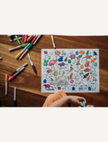 The HeyDoodle Mat - 123 - Aussie Animals by HeyDoodle is a reusable silicone mat showcasing Australian native animals designed for coloring activities. The set includes colorful markers, with the animals outlined in black and their names labeled beside the illustrations, ready to be colored.