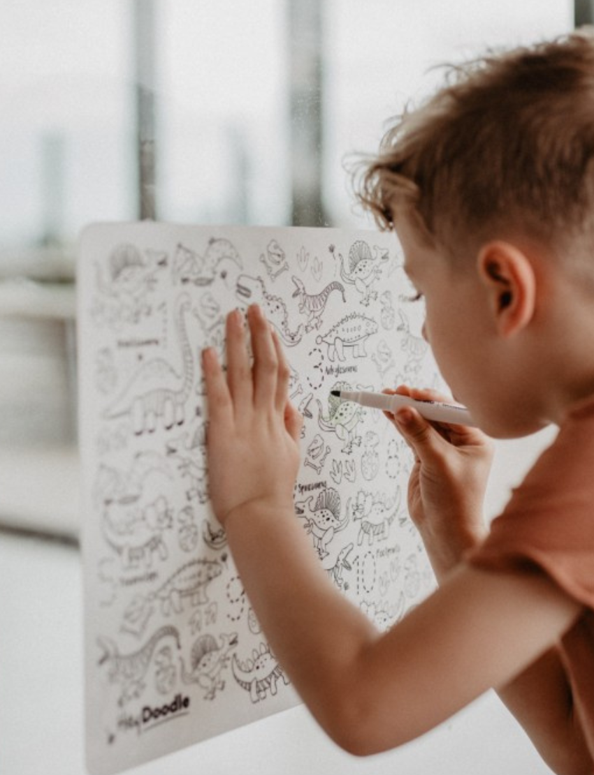 A roll of HeyDoodle Mini Mat - 123 - DinoRoar reusable silicone drawing mats is shown next to the unrolled mat displaying drawn and colored-in dinosaur images and names such as Triceratops, T-Rex, and Stegosaurus.