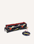 The Rex London Pencil Case by Rex London is a rectangular, zippered pencil case adorned with a vibrant floral and animal pattern on a teal background. It features a striking red zipper and comes with a round tag attached by a string, ideal for holding school supplies.