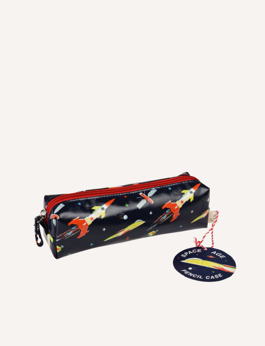 The Rex London Pencil Case by Rex London is a rectangular, zippered pencil case adorned with a vibrant floral and animal pattern on a teal background. It features a striking red zipper and comes with a round tag attached by a string, ideal for holding school supplies.