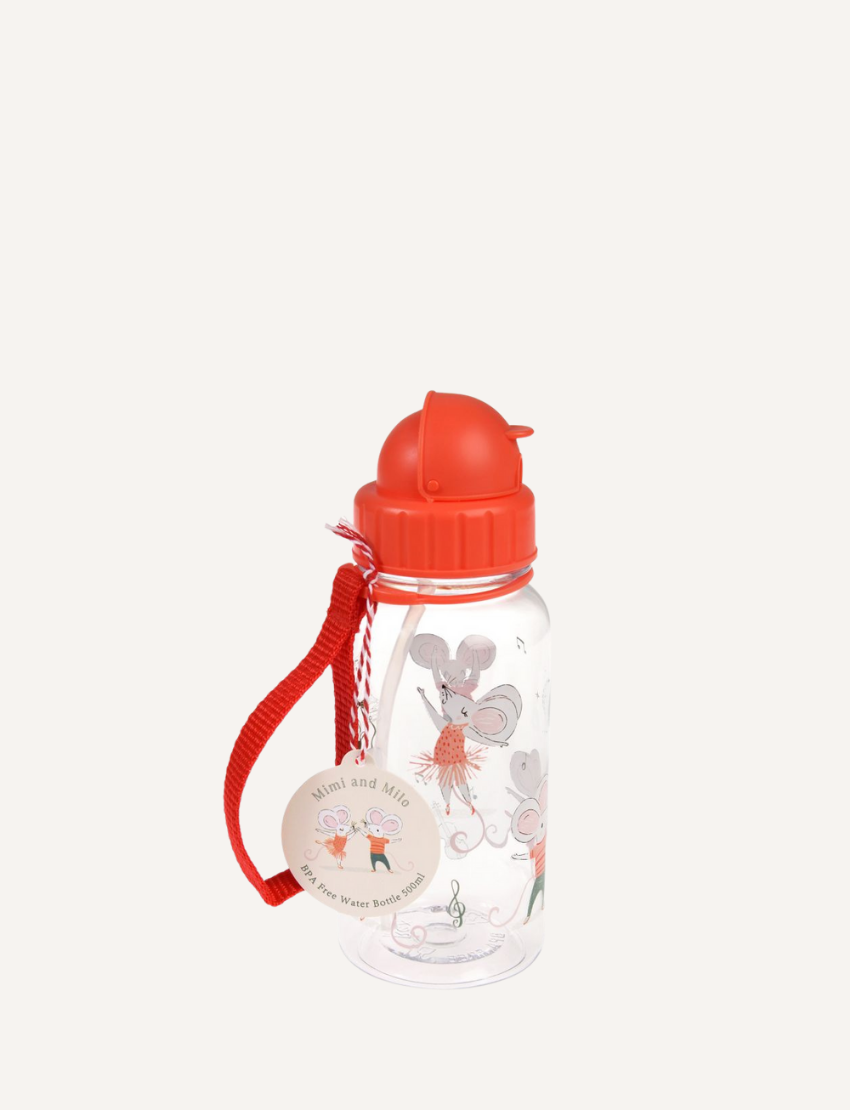 Rex London 'Mimi and Milo' children's drink bottle with a red lid and straw, featuring dancing mice.