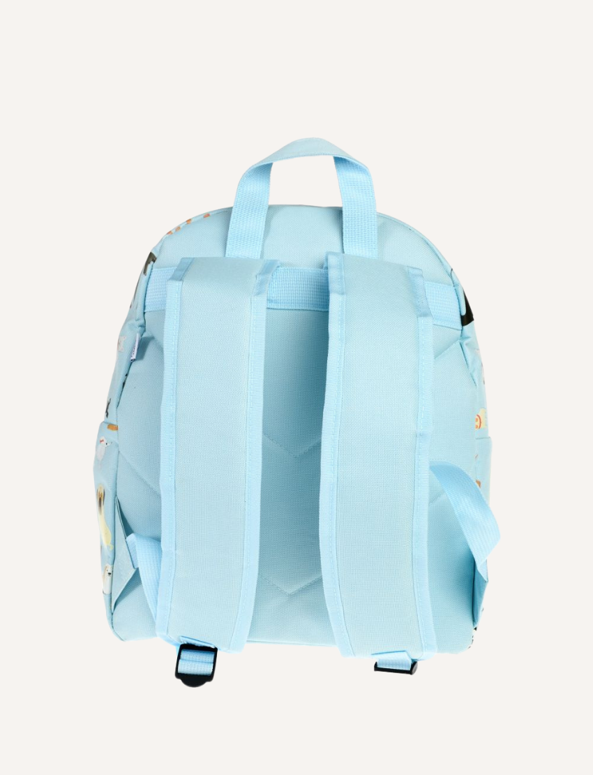 Image of the Rex London Backpack from Rex London in light blue, featuring padded shoulder straps and a top handle. The backpack is shown from the back, showcasing its plain design with no visible external pockets.