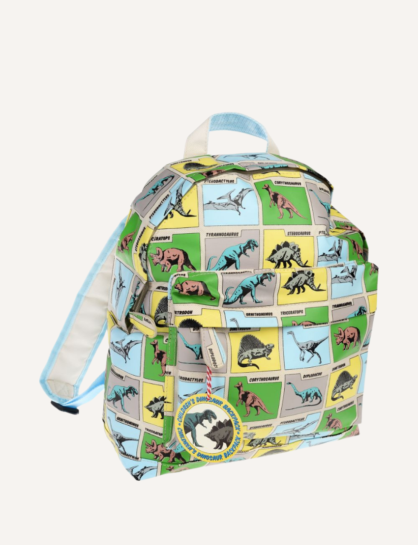 Rex London 'Prehistoric Land' children's backpack featuring a colourful dinosaur print and educational labels.