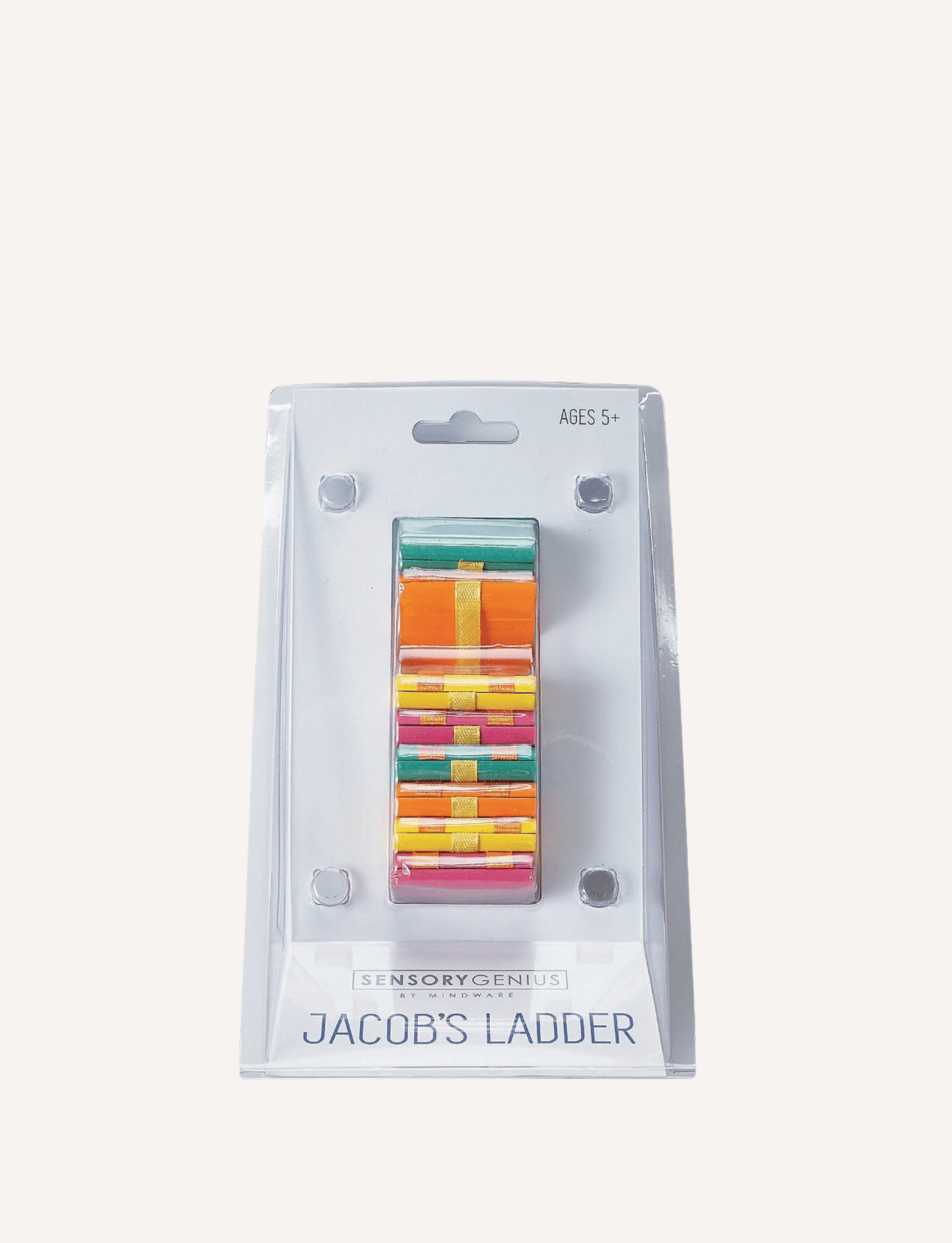 A hand holding a vibrant Sensory Genius "Jacobs Ladder" made up of connected rectangular blocks in orange, green, yellow, and pink. The blocks are arranged in a cascading manner, forming a flexible chain. This mesmerizing fidget toy stands out against the plain white background.