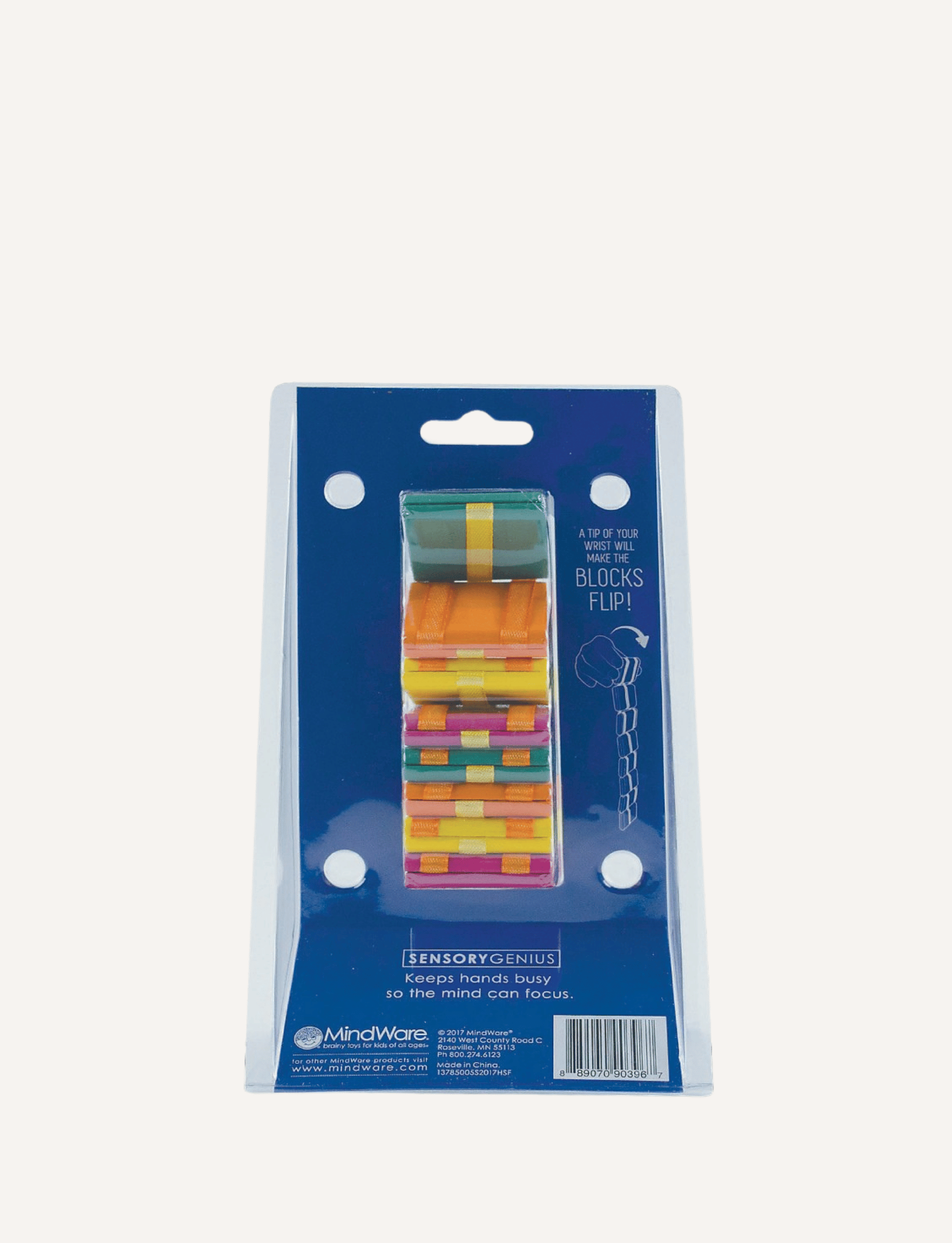 A hand holding a vibrant Sensory Genius "Jacobs Ladder" made up of connected rectangular blocks in orange, green, yellow, and pink. The blocks are arranged in a cascading manner, forming a flexible chain. This mesmerizing fidget toy stands out against the plain white background.