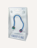 A hand dexterously holding a blue string with two multicolored metal rings hanging from it, suspended between the thumb and index finger, showcasing the stylish Sensory Genius Finger Fling against a plain white background. Perfect for stress relief and enhancing dexterity.