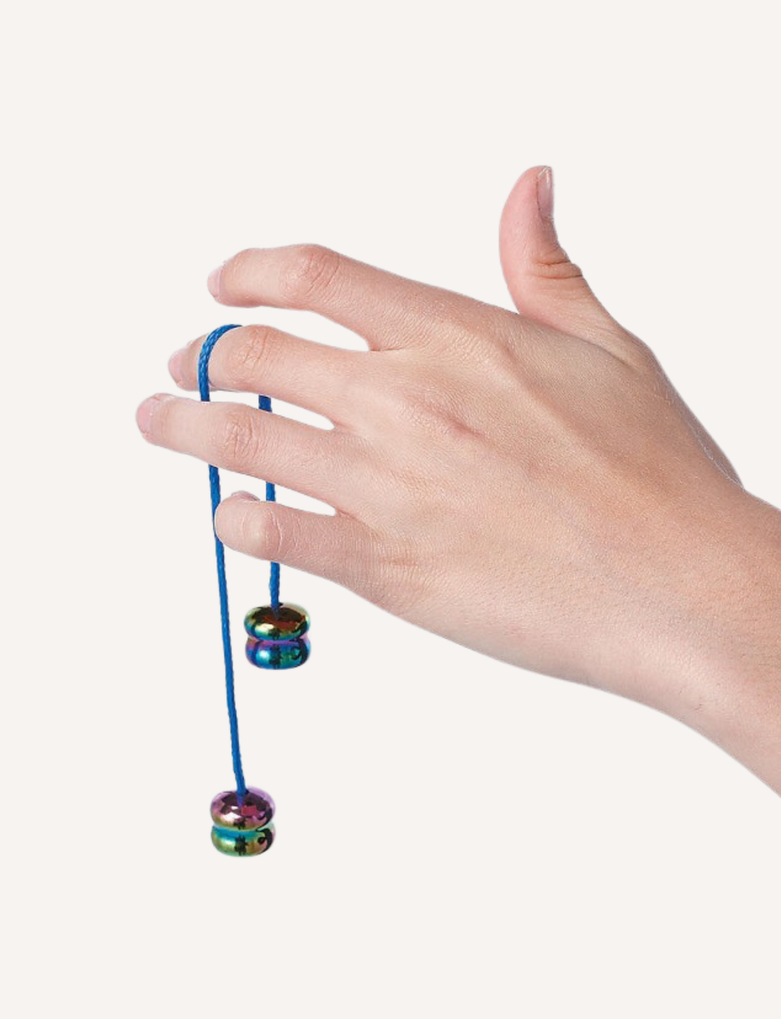 A hand dexterously holding a blue string with two multicolored metal rings hanging from it, suspended between the thumb and index finger, showcasing the stylish Sensory Genius Finger Fling against a plain white background. Perfect for stress relief and enhancing dexterity.