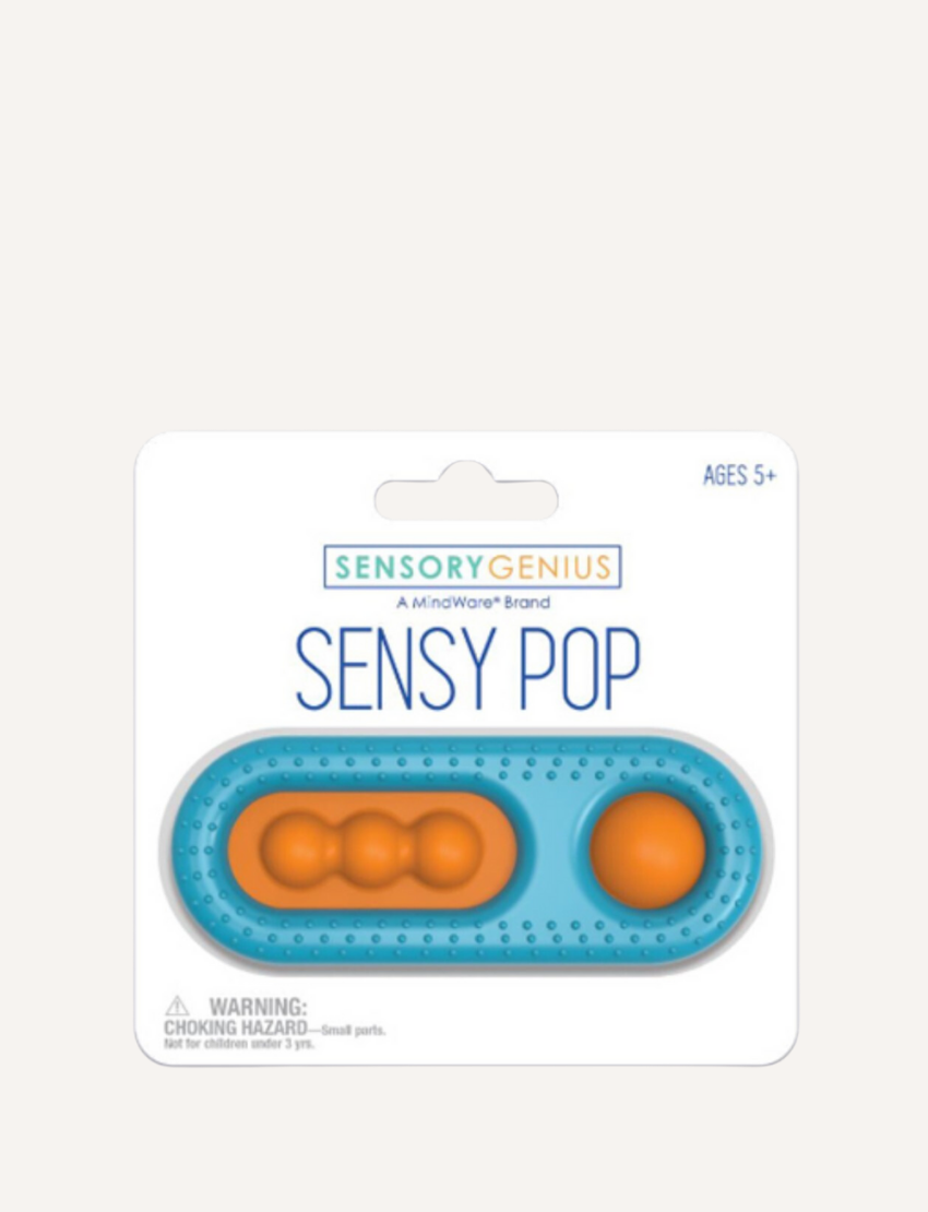 A package of Sensy Pop by Sensory Genius, labeled for ages 5 and up. The product consists of a tactile fidget device in blue and orange with bubbles to press. The packaging includes a warning about choking hazards due to small parts.