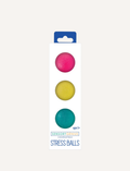 Three stress balls from Sensory Genius are stacked vertically against a plain white background. From top to bottom, the textured rubber balls in this set of three are colored pink, yellow, and teal.