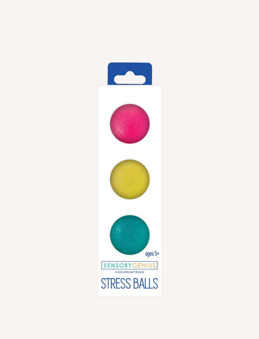 Three stress balls from Sensory Genius are stacked vertically against a plain white background. From top to bottom, the textured rubber balls in this set of three are colored pink, yellow, and teal.