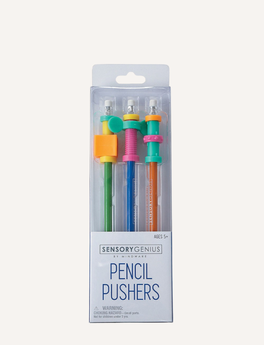 A clear plastic package contains four vibrant Pencil Pushers, specially crafted for sensory engagement and fidgeting enjoyment. Branded under "Sensory Genius" and labeled as "Pencil Pushers," this product is ideal for children aged 5 and up, making it perfect for boosting fine motor skills.