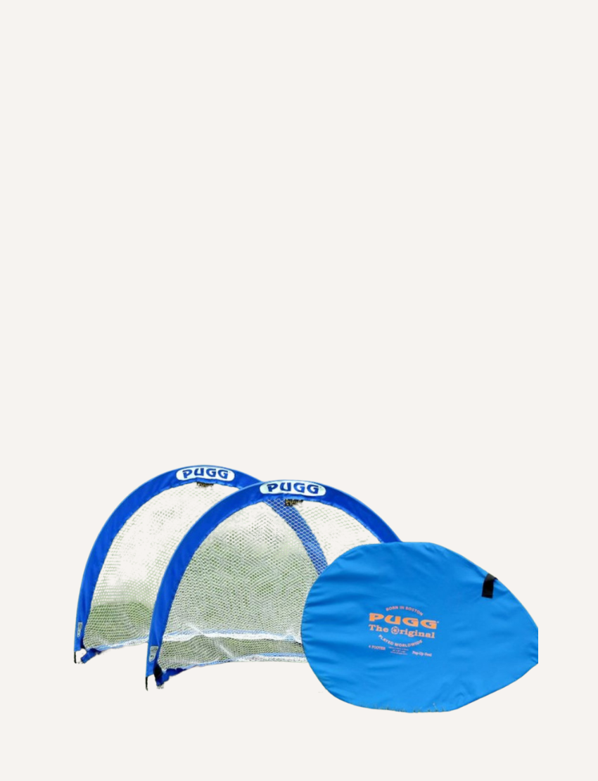 Two blue and white pop-up soccer goals with the brand name "Buffalo Sports" displayed on the top, accompanied by a blue circular carrying case labeled "Pop Up Goals.