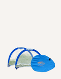 Two blue and white pop-up soccer goals with the brand name 