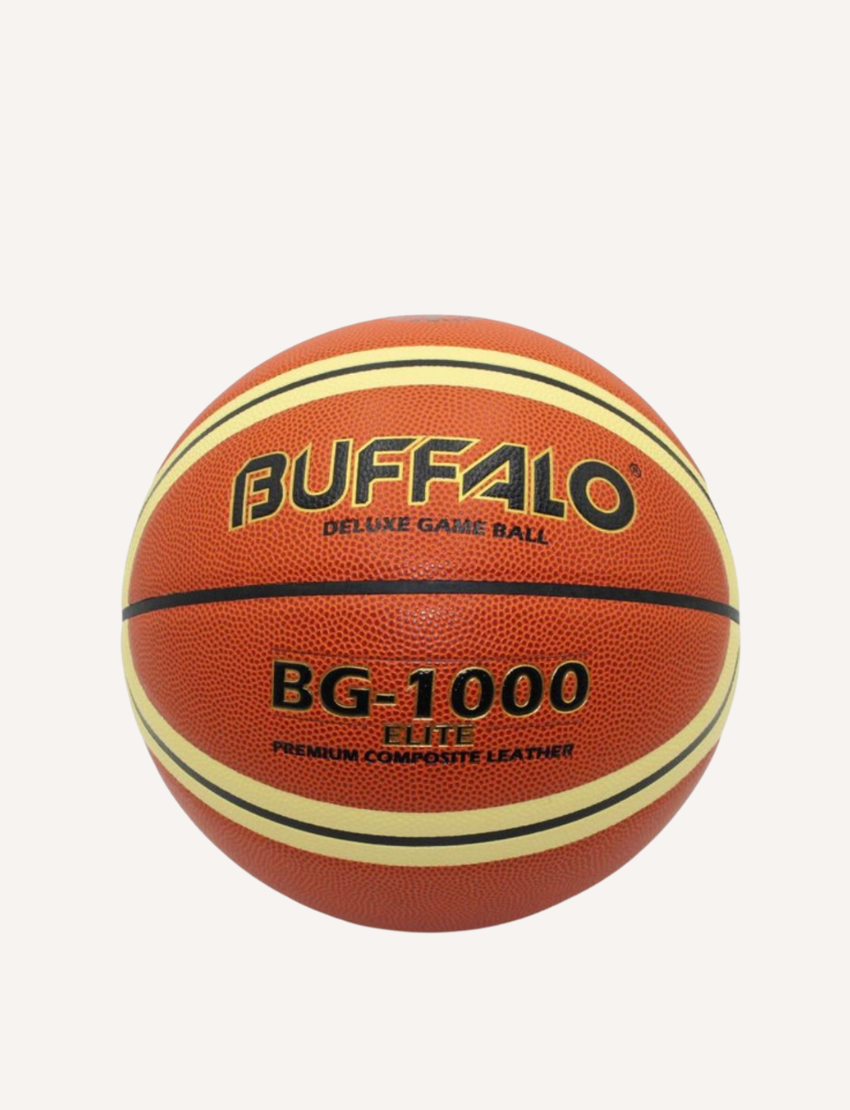 A composite leather basketball branded as "Buffalo Sports" and named the "1000 Elite Premium Composite Basketball - Size 6," featuring alternating orange and yellowish beige panels. Its ultra-grip design is enhanced by moisture-absorbing material for superior performance.