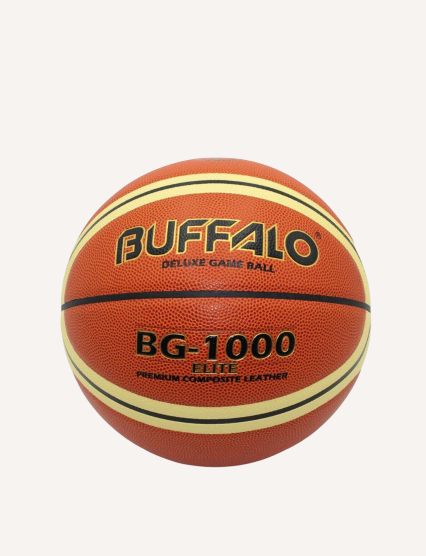 Orange Buffalo BG-1000 Elite basketball with yellow stripes and black text.