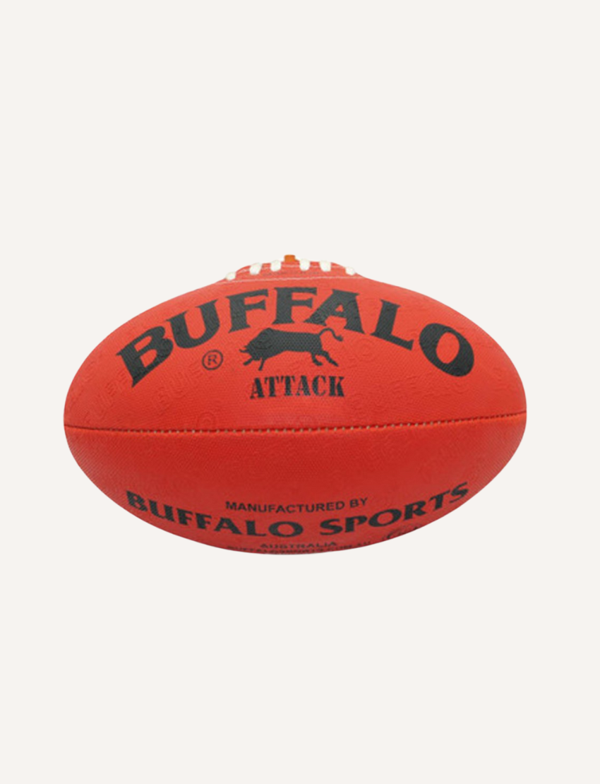 A red, durable All Weather Synthetic Football - Size 5 from Buffalo Sports features the "Buffalo Attack" branding and a black buffalo silhouette on one side, ideal for junior training sessions.