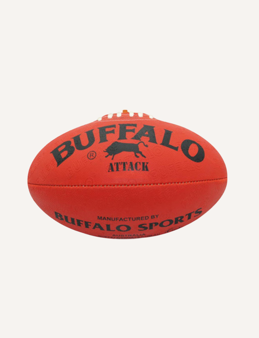 Red 'Buffalo Sports Australia' size 5 Australian Rules football with embossed pattern.