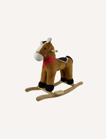 The RockMe Rocking Horse - Brown is a charming brown and white plush toy adorned with a red bandana around its neck and featuring black accents on its hooves and ears. It's mounted on a wooden rocking base and equipped with handles near its head for easy holding.