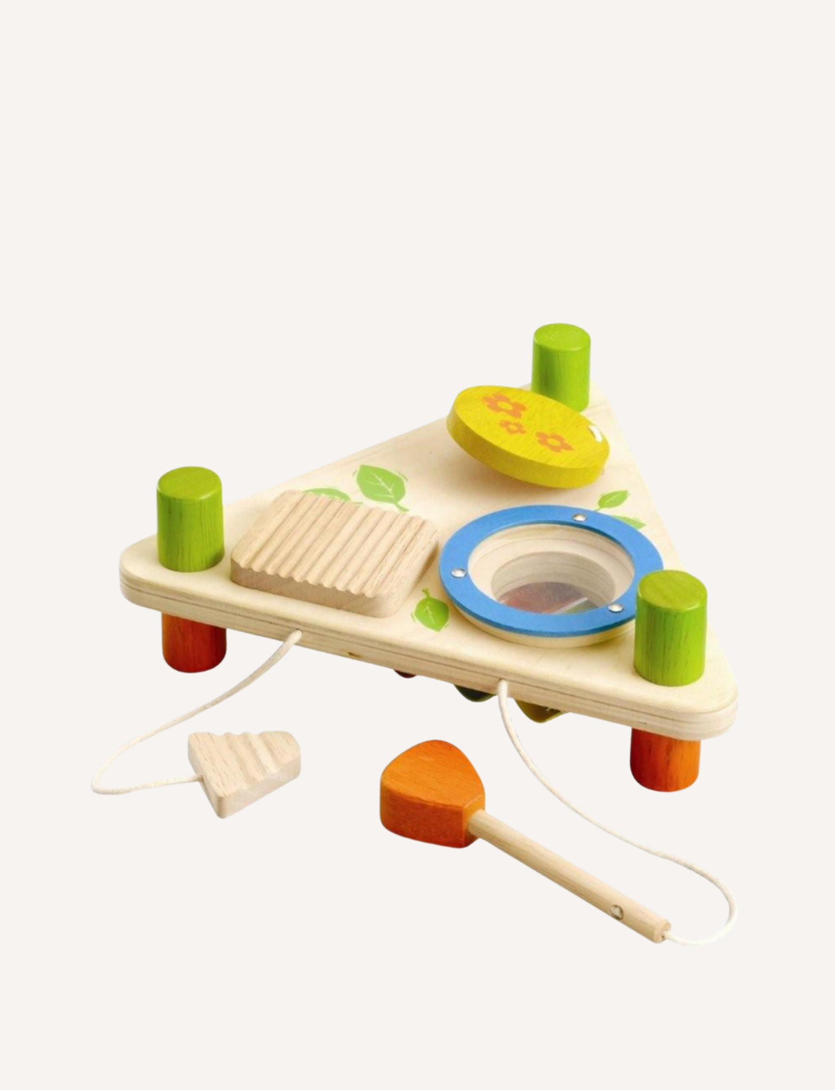 The Educational Flip Over Triangle Musical Set by Ever Earth is a wooden triangular toy complete with a mallet, ideal for young children to develop their early musical skills. It includes a small xylophone, a spinning flower, a rotating red disc, and colored pegs, all mounted on short legs. The mallet is conveniently attached to the toy with a string and is crafted from sustainable wood.