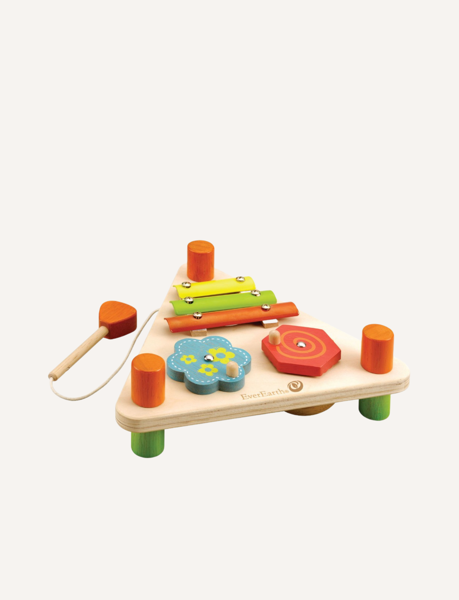 The Educational Flip Over Triangle Musical Set by Ever Earth is a wooden triangular toy complete with a mallet, ideal for young children to develop their early musical skills. It includes a small xylophone, a spinning flower, a rotating red disc, and colored pegs, all mounted on short legs. The mallet is conveniently attached to the toy with a string and is crafted from sustainable wood.