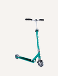 The Flow Element Scooter with Lights by Globber, featuring a sleek black and silver design, is shown. It has handlebars with black grips, a stand, and a rear brake. The scooter is positioned against a white background.