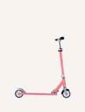 The Flow Element Scooter with Lights by Globber, featuring a sleek black and silver design, is shown. It has handlebars with black grips, a stand, and a rear brake. The scooter is positioned against a white background.