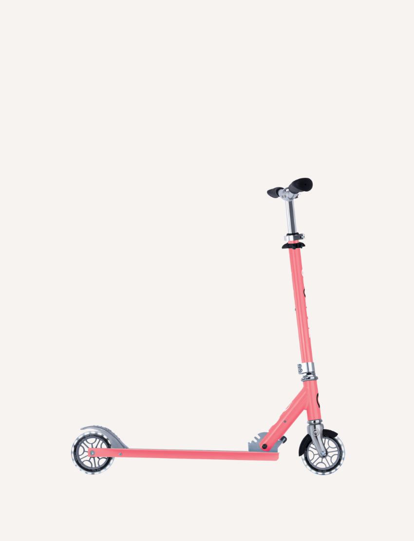 The Globber Flow Element Scooter with Lights is a black kick scooter featuring LED light-up wheels, a silver adjustable handlebar, and a foldable frame, all set against a plain white background.