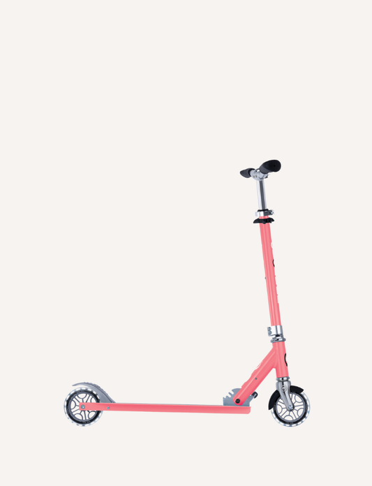 The Globber Flow Element Scooter with Lights is a black kick scooter featuring LED light-up wheels, a silver adjustable handlebar, and a foldable frame, all set against a plain white background.