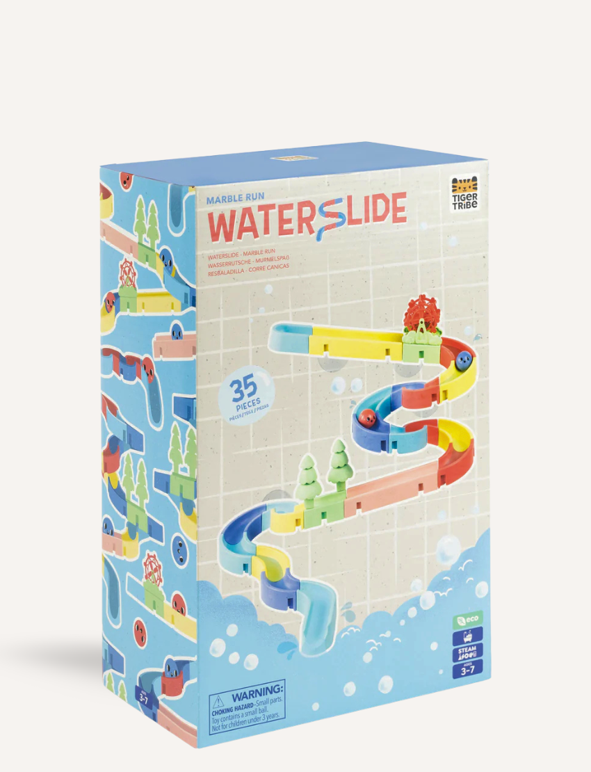 Tiger Tribe Waterslide Marble Run toy box, featuring colorful tracks and eco-friendly design.