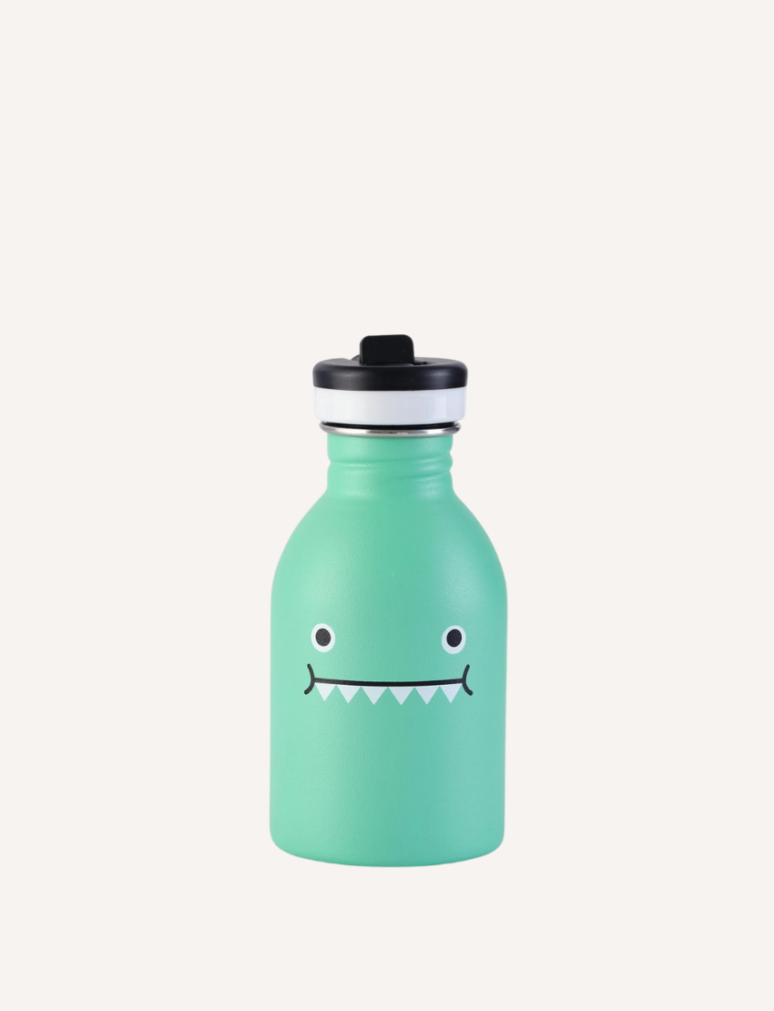 A turquoise stainless steel water bottle with a black straw lid and a cute dinosaur face.