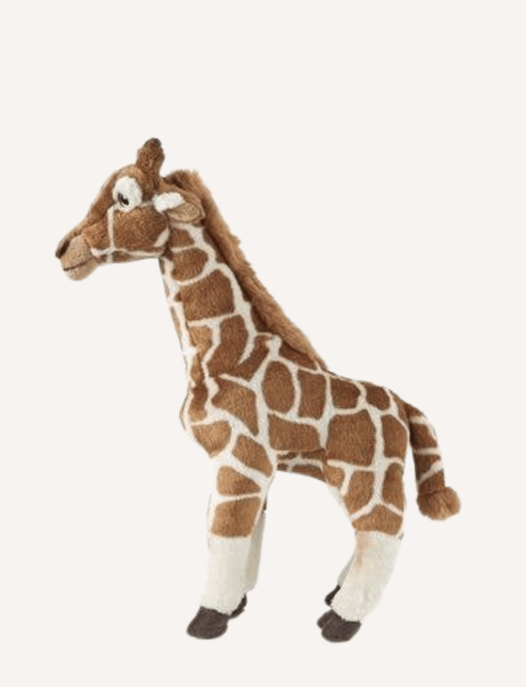 The image showcases the Living Nature Giraffe, a plush soft toy by Living Nature. It features a brown and white spotted pattern, a short brown mane, and stands sturdily on four legs. Crafted from recycled plastics, its stitched facial details, including eyes and a mouth, make it an eco-friendly and adorable choice.