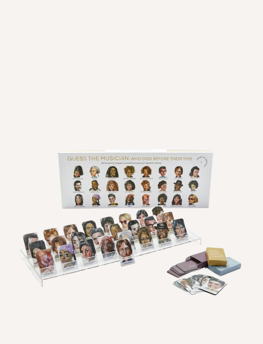 A close-up image of a "Guess the Musician Game" by Journey of Something, showcasing illustrated portraits of famous musicians from various genres and eras. The game pieces display multiple faces, such as those labeled "David Bowie" and "Tupac".