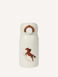 The Fabelab Water Bottle from the summer collection is white and features a blue hand making an 