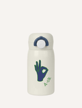 The Fabelab Water Bottle from the summer collection is white and features a blue hand making an 