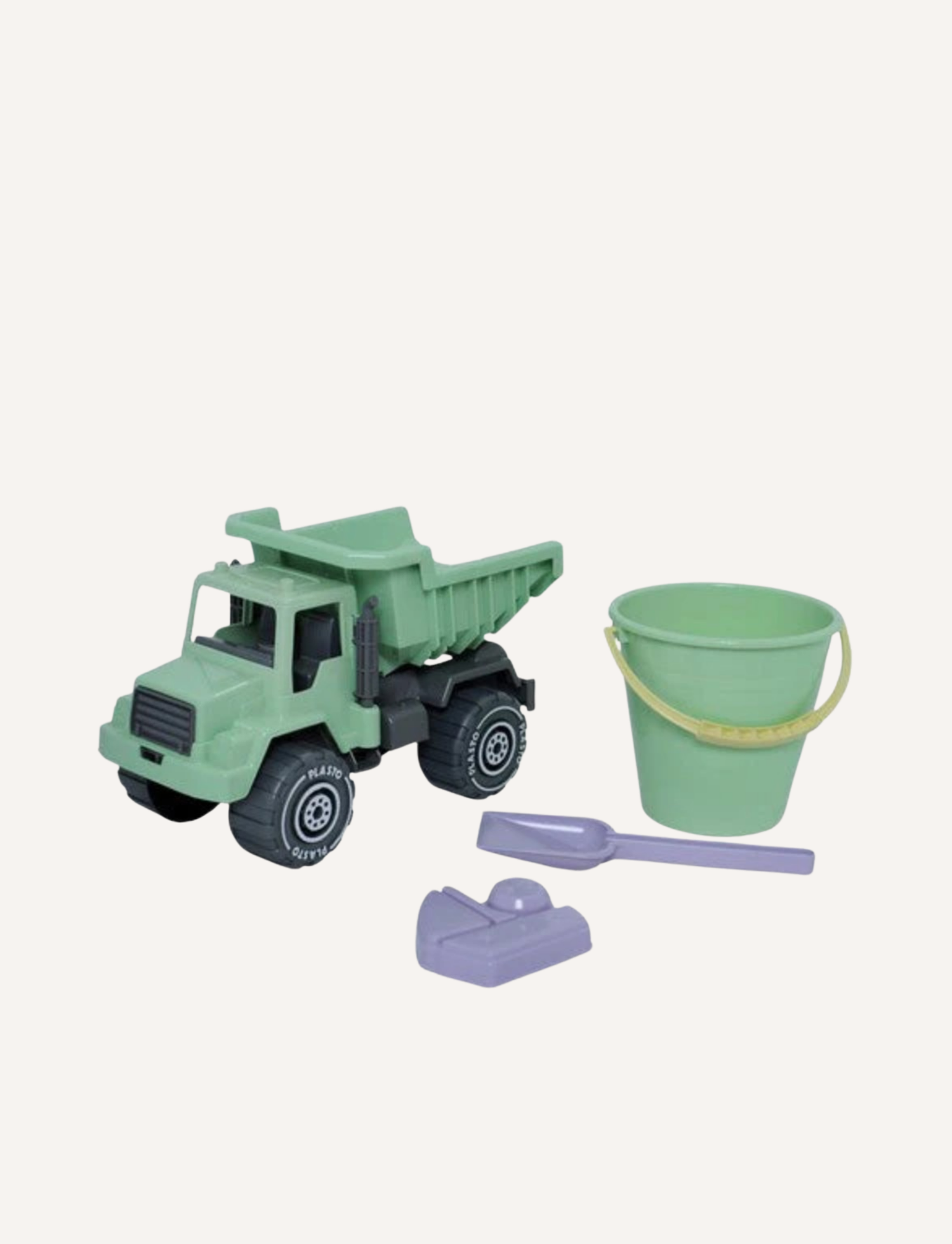 Green toy sandpit set with tipper truck, bucket, scoop, and sand mold, against a pale background.
