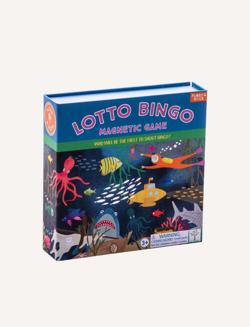 The image shows Floss & Rock's Lotto Bingo game in a vibrant box. Featuring an underwater theme with fish, an octopus, and a submarine, this travel-friendly magnetic bingo includes picture cards and is designed for children aged 3 and up.