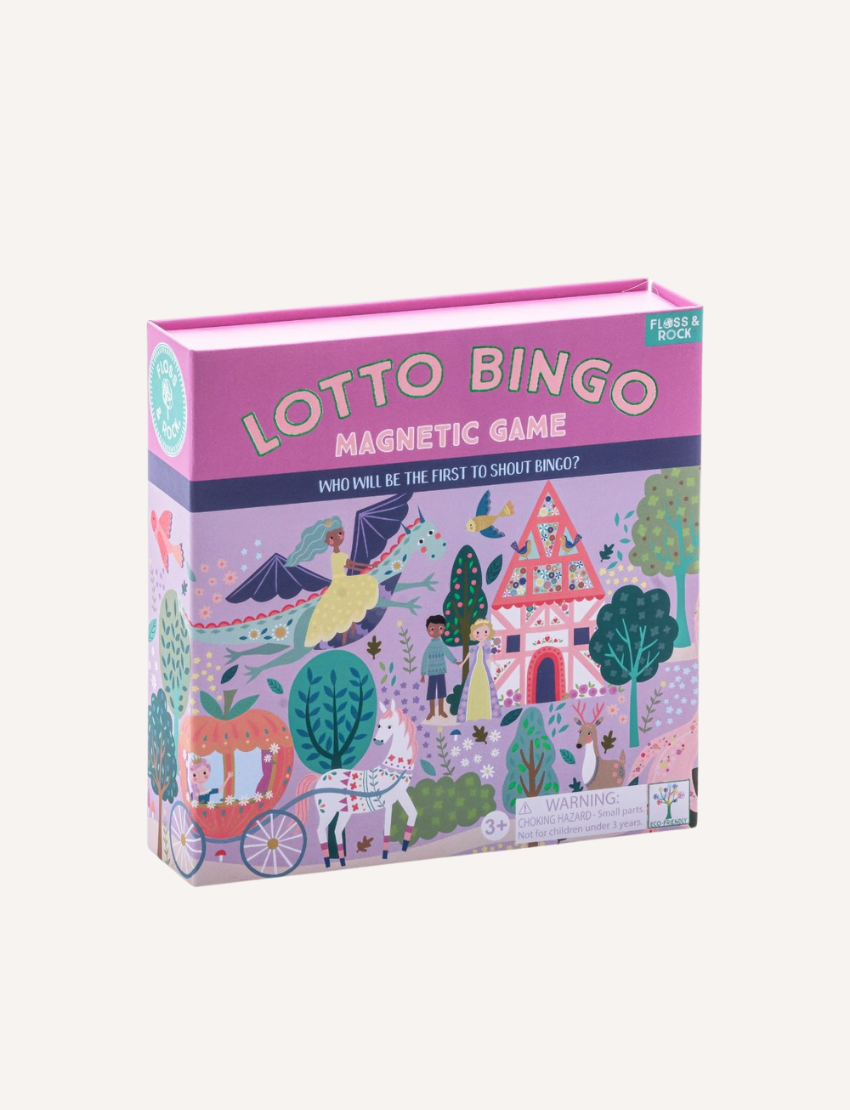 The image shows Floss & Rock's Lotto Bingo game in a vibrant box. Featuring an underwater theme with fish, an octopus, and a submarine, this travel-friendly magnetic bingo includes picture cards and is designed for children aged 3 and up.