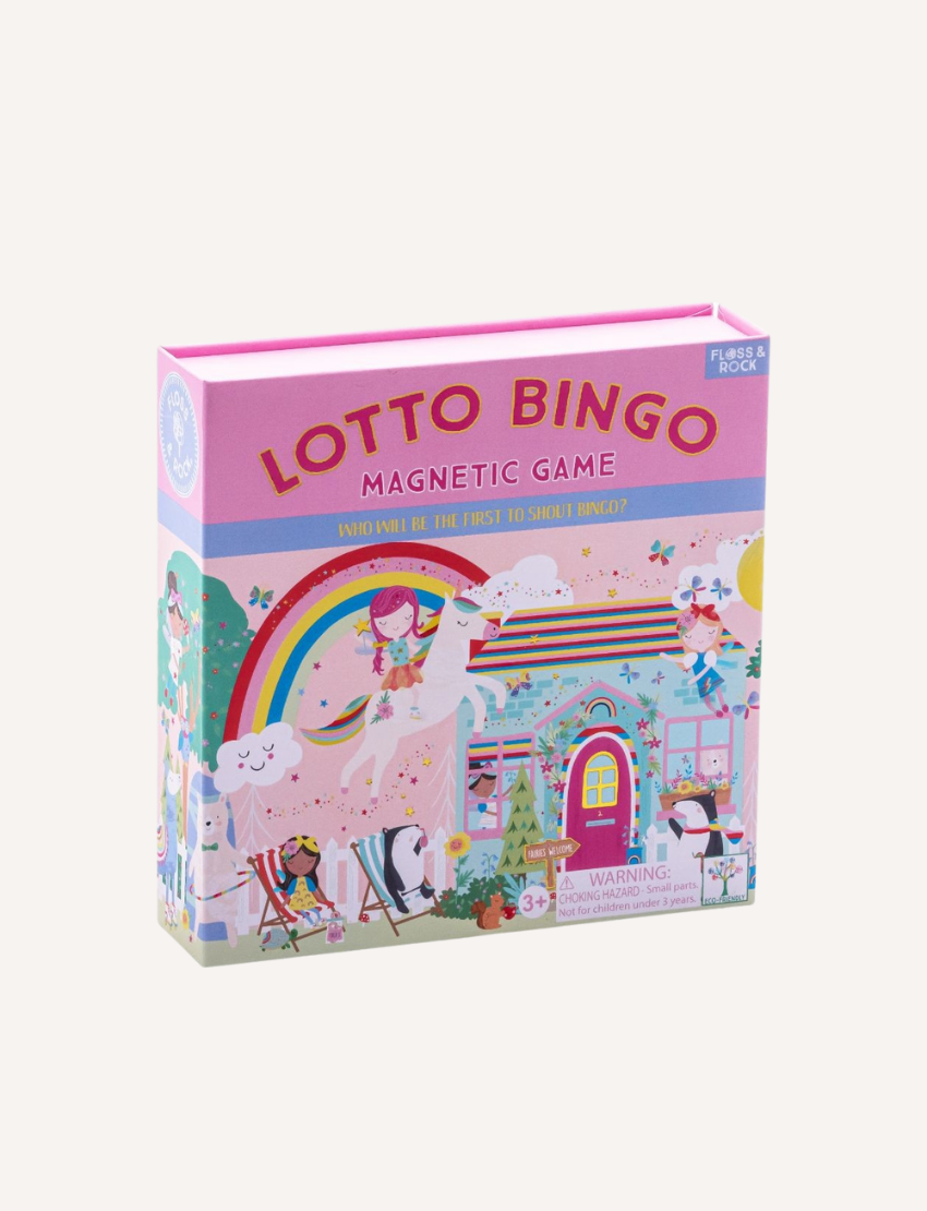 A boxed game titled "Lotto Bingo" from Floss & Rock comes in a travel-friendly, magnetic-closure box with underwater-themed artwork on the cover, featuring various sea creatures and a submarine. The box indicates it is suitable for ages 3 and up and includes a warning label.