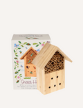 An Insect Hotel - Wonders of Nature by Rex London, crafted from wood with a slanted roof and multiple small holes, is placed in front of its packaging box. The box showcases colorful illustrations of flowers and insects, prominently features the text 