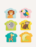 Six vibrant Tactile Cards from Janod feature cartoon animals in a cloud-shaped frame. The top row includes a lion on a blue background and a toucan on a pink background. The middle row showcases an elephant on green and a monkey on yellow. The bottom row displays a giraffe on blue and a crocodile on teal, with each card having a hole at the top center for hanging.